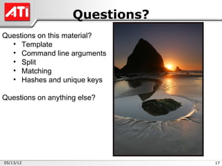 Questions?
Questions on this material?
  • Template
  • Command line arguments
  • Split
  • Matching
  • Hashes and unique keys

Questions on anything else?




05/13/12                         17
 