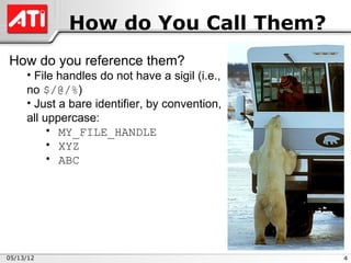 How do You Call Them?
How do you reference them?
     • File handles do not have a sigil (i.e.,
     no $/@/%)
     • Just a bare identifier, by convention,
     all uppercase:
         • MY_FILE_HANDLE
         • XYZ
         • ABC




05/13/12                                         4
 
