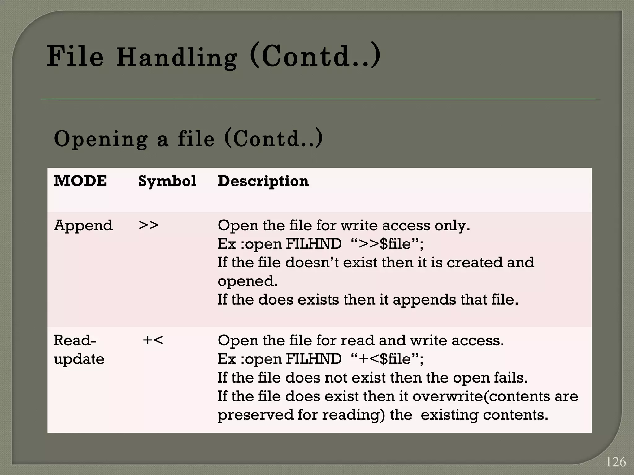 File Handling (Contd..) Opening a file (Contd..) MODE Symbol Description Append >> Open the file for write access only. Ex :open FILHND “>>$file”; If the file doesn’t exist then it is created and opened. If the does exists then it appends that file. Read- update +< Open the file for read and write access. Ex :open FILHND “+<$file”; If the file does not exist then the open fails. If the file does exist then it overwrite(contents are preserved for reading) the existing contents. 126 