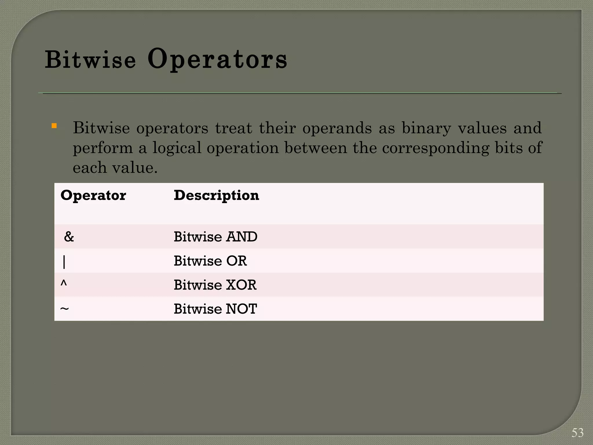 Bitwise Operators  Bitwise operators treat their operands as binary values and perform a logical operation between the corresponding bits of each value. Operator Description & Bitwise AND | Bitwise OR ^ Bitwise XOR ~ Bitwise NOT 53 