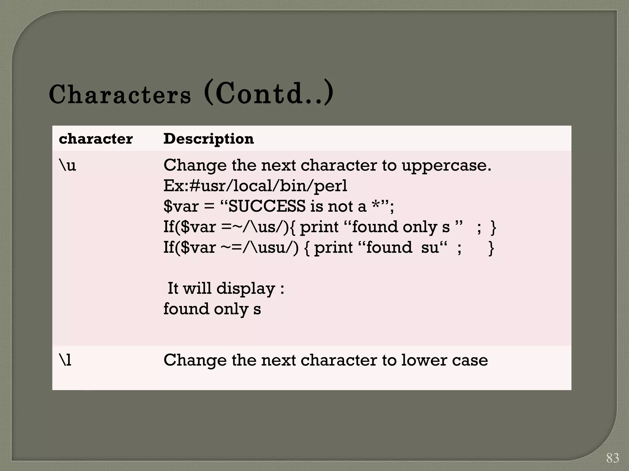 Characters (Contd..) character Description u Change the next character to uppercase. Ex:#usr/local/bin/perl $var = “SUCCESS is not a *”; If($var =~/us/){ print “found only s ” ; } If($var ~=/usu/) { print “found su“ ; } It will display : found only s l Change the next character to lower case 83 