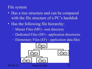 File system 
• Has a tree structure and can be compared 
with the file structure of a PC’s harddisk 
• Has the following file hierarchy: 
– Master Files (MF) - root directory 
– Dedicated Files (DF) - application directories 
– Elementary Files (EF) - application data files 
08/26/14 Smart Cards 12 
 