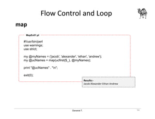 Danairat T.
Flow Control and Loop
map
94
#!/usr/bin/perl
use warnings;
use strict;
my @myNames = ('jacob', 'alexander', 'ethan', 'andrew');
my @ucNames = map(ucfirst($_), @myNames);
print "@ucNames" . "n";
exit(0);
MapEx01.pl
Results:-
Jacob Alexander Ethan Andrew
 