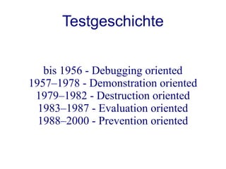 Testgeschichte


   bis 1956 - Debugging oriented
1957–1978 - Demonstration oriented
 1979–1982 - Destruction oriented
  1983–1987 - Evaluation oriented
  1988–2000 - Prevention oriented
 