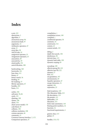 Index
a.out, 223
abstraction, 3
algorithm, 4
anonymous array, 96
anonymous hash, 97
arguments, 14
Arithmetic operators, 47
array, 19
array slice, 30
ASCII Code, 52
assignment operator, 23
Assignment operators, 47
association, 69
associativity, 59
attack paths, 191
autoviviﬁcation, 100
backtracking, 140
barewords, 161
base class, 113
binary, 47
binary search, 36
binding, 69
bit-masking, 57
Bitwise operators, 47
bundles, 203
buses, 214
caches, 184
call stack, 78, 84
catch, 153
chaining, 198
classes, 106
client, 170
client-server model, 170
code block, 69
collision, 198
collision resolution, 198
comma operator, 44
comments, 15
Common Gateway Interface, 7, 172
Comparison operators, 47
compilation, 1
compilation errors, 149
compiled, 1
conditional operator, 58
constants, 16
constructor, 112
context, 43
context switch, 132
debug, 2
depth-ﬁrst search, 130
dereference, 98
derived class, 113
dynamic hash table, 199
dynamic scoping, 83
eavesdrop, 189
effective group ID, 222
effective user ID, 222
element, 27
ELF, 223
encapsulation, 107
environments, 69
Equality operators, 47
escape characters, 14
expired, 184
expression, 23
fatal exceptions, 149
File Allocation Table, 215
ﬁle descriptors, 119
ﬁle pointer, 121
ﬁlehandles, 119
ﬁlesystem, 215
ﬁnite-state automaton, 145
ﬂoating-point numbers, 16
function, 14
functional requirements, 4
generic class, 113
global, 19
handler, 153, 172
226
 