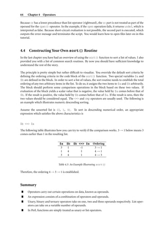 64 Chapter 4 Operators
Because or has a lower precedence than list operator (rightward), the or part is not treated as part of the
operand for the open() operator. In the example, if the open operation fails, it returns undef, which is
interpreted as false. Because short-circuit evaluation is not possible, the second part is executed, which
outputs the error message and terminates the script. You would learn how to open ﬁles later on in this
tutorial.
4.4 Constructing Your Own sort() Routine
In the last chapter you have had an overview of using the sort() function to sort a list of values. I also
provided you with a list of common search routines. By now you should have sufﬁcient knowledge to
understand the rest of the story.
The principle is pretty simple but rather difﬁcult to visualize. You override the default sort criteria by
deﬁning the ordering criteria in the code block of the sort() function. Two special variables $a and
$b are deﬁned in the block. In order to sort a list of values, the sort routine needs to establish the total
ordering of any two arbitrary items in the list. To do so, it assigns the two items to $a and $b arbitrarily.
The block should perform some comparison operations in the block based on these two values. If
evaluation of the block yields a scalar value that is negative, the value held by $a comes before that of
$b. If the result is positive, the value held by $b comes before that of $a. If the result is zero, then the
two values should be considered equal. The <=> and cmp operators are usually used. The following is
an example which illustrates numeric descending sorting.
Assume the unsorted list is (3, 1, 4). To sort in descending numerical order, an appropriate
expression which satisﬁes the above characteristics is
$b <=> $a
The following table illustrates how you can try to verify if the comparison works. 3 → 1 below means 3
comes earlier than 1 in the resulting list.
$a $b $b <=> $a Ordering
3 1 -1 3 → 1
1 4 1 4 → 1
3 4 1 4 → 3
Table 4.3: An Example Illustrating sort()
Therefore, the ordering 4 → 3 → 1 is established.
Summary
” Operators carry out certain operations on data, known as operands.
” An expression consists of a combination of operators and operands.
” Unary, binary and ternary operators take on one, two and three operands respectively. List oper-
ators can take on a variable number of operands.
” In Perl, functions are simply treated as unary or list operators.
 