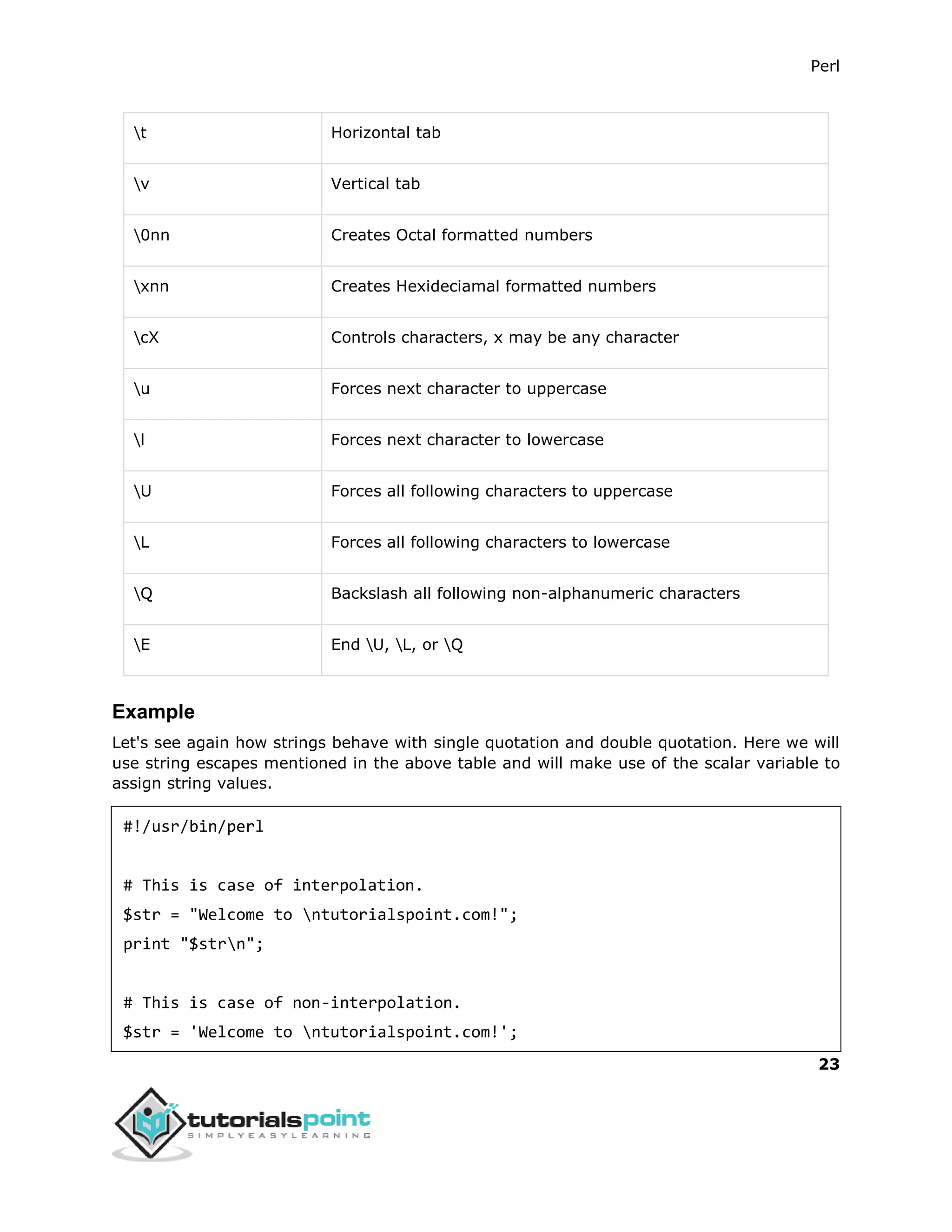 Perl
23
t Horizontal tab
v Vertical tab
0nn Creates Octal formatted numbers
xnn Creates Hexideciamal formatted numbers
cX Controls characters, x may be any character
u Forces next character to uppercase
l Forces next character to lowercase
U Forces all following characters to uppercase
L Forces all following characters to lowercase
Q Backslash all following non-alphanumeric characters
E End U, L, or Q
Example
Let's see again how strings behave with single quotation and double quotation. Here we will
use string escapes mentioned in the above table and will make use of the scalar variable to
assign string values.
#!/usr/bin/perl
# This is case of interpolation.
$str = "Welcome to ntutorialspoint.com!";
print "$strn";
# This is case of non-interpolation.
$str = 'Welcome to ntutorialspoint.com!';
 