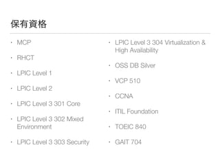 Y
? MCP
? RHCT
? LPIC Level 1
? LPIC Level 2
? LPIC Level 3 301 Core
? LPIC Level 3 302 Mixed
Environment
? LPIC Level 3 303 Security
? LPIC Level 3 304 Virtualization &
High Availability
? OSS DB Silver
? VCP 510
? CCNA
? ITIL Foundation
? TOEIC 840
? GAIT 704
 