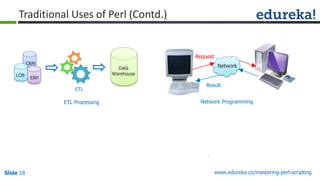 Slide 18 www.edureka.co/mastering-perl-scripting
Traditional Uses of Perl (Contd.)
Request
Result
NetworkCRM
LOB
ERP
ETL
Data
Warehouse
ETL Processing Network Programming
 