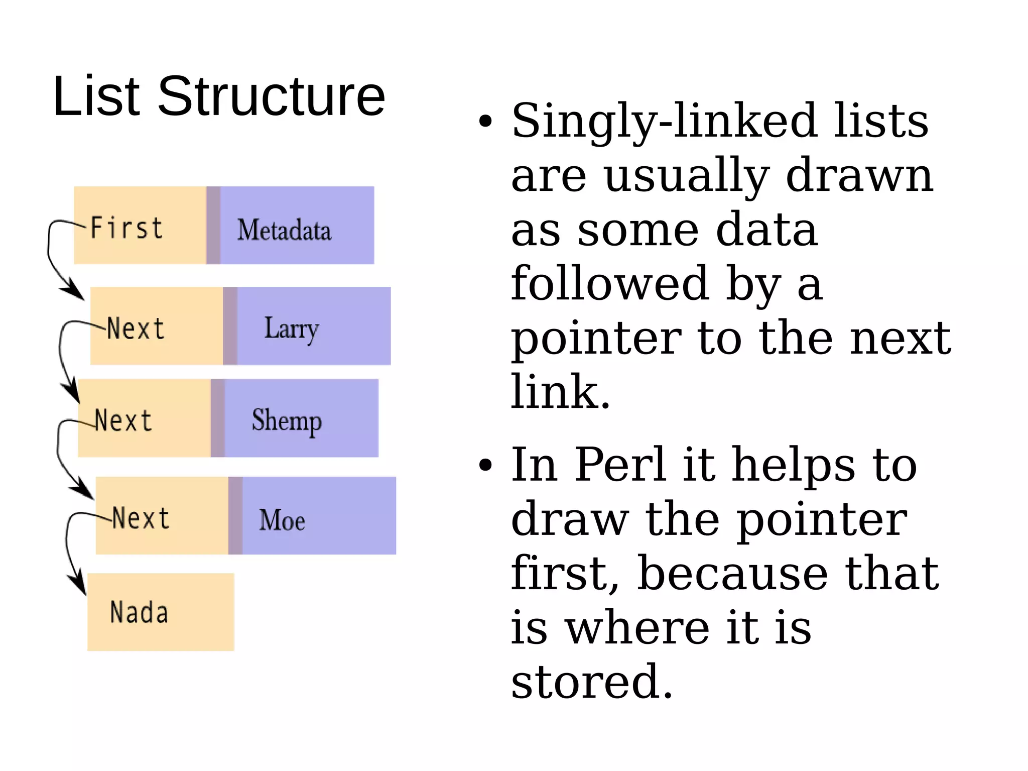 List Structure ● Singly-linked lists
are usually drawn
as some data
followed by a
pointer to the next
link.
● In Perl it helps to
draw the pointer
first, because that
is where it is
stored.
 