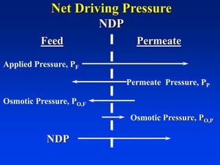 Net Driving Pressure
NDP
Osmotic Pressure, PO,P
Feed Permeate
Applied Pressure, PF
Permeate Pressure, PP
Osmotic Pressure, PO,F
NDP
 