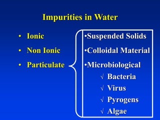 Impurities in Water
• Ionic
• Non Ionic
• Particulate
•Suspended Solids
•Colloidal Material
•Microbiological
 Bacteria
 Virus
 Pyrogens
 Algae
 