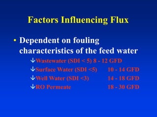 Factors Influencing Flux
• Dependent on fouling
characteristics of the feed water
Wastewater (SDI < 5) 8 - 12 GFD
Surface Water (SDI <5) 10 - 14 GFD
Well Water (SDI <3) 14 - 18 GFD
RO Permeate 18 - 30 GFD
 