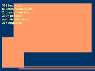 363 hectares 83  lotes  residençiais 2 lotes  comerciais 300+ pessoas animais silvestres 30+ negocios 