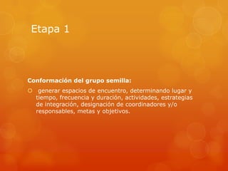 Etapa 1



Conformación del grupo semilla:
 generar espacios de encuentro, determinando lugar y
  tiempo, frecuencia y duración, actividades, estrategias
  de integración, designación de coordinadores y/o
  responsables, metas y objetivos.
 