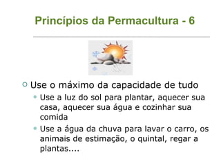Princípios da Permacultura - 6 Use o máximo da capacidade de tudo Use a luz do sol para plantar, aquecer sua casa, aquecer sua água e cozinhar sua comida Use a água da chuva para lavar o carro, os animais de estimação, o quintal, regar a plantas.... 