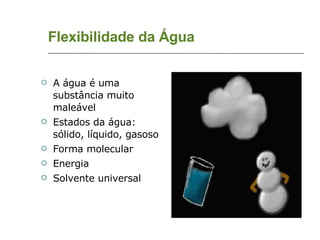 Flexibilidade da Água A água é uma substância muito maleável Estados da água: sólido, líquido, gasoso Forma molecular Energia Solvente universal 