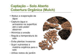 Captação – Solo Aberto Cobertura Orgânica (Mulch)‏ -  Reduz a evaporação da água - Captura água e armazena na superfície até o solo poder absorver - Minimiza a erosão - Regula a temperatura do solo - Evita plantas invasoras - Supri nutrientes e matéria orgânica para o solo - Utiliza restos do jardim 