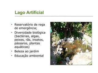 Lago Artificial Reservatório de rega de emergência; Diversidade biológica (bactérias, algas, peixes, rãs, insetos, pássaros, plantas aquáticas)‏ Beleza ao jardim Educação ambiental 
