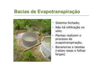 Bacias de Evapotranspiração Sistema fechado; Não há infiltração no solo; Plantas realizam o processo de evapotranspiração; Bananeiras e taiobas (raízes rasas e folhas largas)‏ 