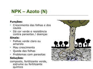 NPK – Azoto (N)‏ Funções: Crescimento das folhas e dos caules Dá cor verde e resistência contra parasitas / doenças Sinais: Folhas verde claro ou amarelo Mau crescimento Queda das folhas Problemas com parasitas Soluções: composto, fertilizante verde, estrume ou fertilizante químico 