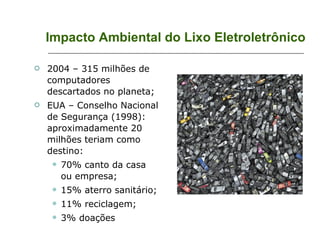 Impacto Ambiental do Lixo Eletroletrônico 2004 – 315 milhões de computadores descartados no planeta; EUA – Conselho Nacional de Segurança (1998): aproximadamente 20 milhões teriam como destino: 70% canto da casa ou empresa; 15% aterro sanitário; 11% reciclagem; 3% doações 
