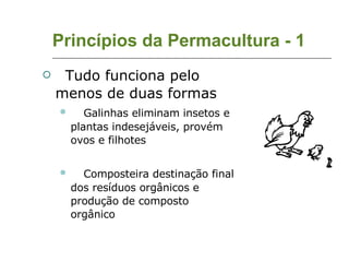 Princípios da Permacultura - 1 Tudo funciona pelo menos de duas formas Galinhas eliminam insetos e plantas indesejáveis, provém ovos e filhotes  Composteira destinação final dos resíduos orgânicos e produção de composto orgânico  
