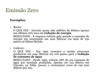 Emissão Zero
 Exemplos:

 • Roche:
   O QUE FEZ - Investiu quase 260 milhões de dólares apenas
   nos últimos três anos em redução de energia.
   RESULTADO - A empresa reduziu pela metade o consumo de
   energia por empregado em suas fábricas em mais de 150
   países na última década.

 • Unilever:
   O QUE FEZ - Em 1995 começou a mudar processos
   produtivos em suas fábricas em 100 países para a redução
   de consumo de água.
   RESULTADO - Desde 1995, reduziu 58% de seu consumo de
   água por tonelada produzida. Apenas em sua fábrica em
   Caivano, na Itália, passou a economizar cerca de 130 000
   dólares por ano.
 