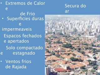 • Espacos fechados
e apertados
• Superﬁcies duras
e
impermeaveis
Secura do
ar
Solo compactado
e estagnado
• Extremos de Calor
e
de Frio
• Ventos frios
de Rajada
 