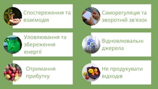 Спостереження та
взаємод я
Уловлювання та
збереження
енерг ї
Отримання
прибутку
Саморегуляц я та
зворотн й зв'язок
В дновлювальн
джерела
Не продукувати
в дход в
 