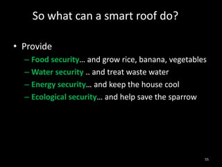 So what can a smart roof do?

• Provide
  – Food security… and grow rice, banana, vegetables
  – Water security .. and treat waste water
  – Energy security… and keep the house cool
  – Ecological security… and help save the sparrow




                                                   55
 