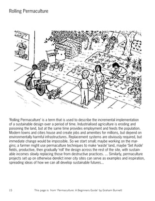 Rolling Permaculture




‘Rolling Permaculture’ is a term that is used to describe the incremental implementation
of a sustainable design over a period of time. Industrialised agriculture is eroding and
poisoning the land, but at the same time provides employment and feeds the population.
Modern towns and cities house and create jobs and amenities for millions, but depend on
environmentally harmful infrastructures. Replacement systems are obviously required, but
immediate change would be impossible. So we start small; maybe working on the mar-
gins; a farmer might use permaculture techniques to make ‘waste’ land, maybe ‘Set Aside’
ﬁelds, productive, then gradually ‘roll’ the design across the rest of the site, with sustain-
able incomes slowly replacing those from destructive practices. ... Similarly, permaculture
projects set up on otherwise derelict inner city sites can serve as examples and inspiration,
spreading ideas of how we can all develop sustainable futures...




15               This page is from ‘Permaculture: A Beginners Guide’ by Graham Burnett
 