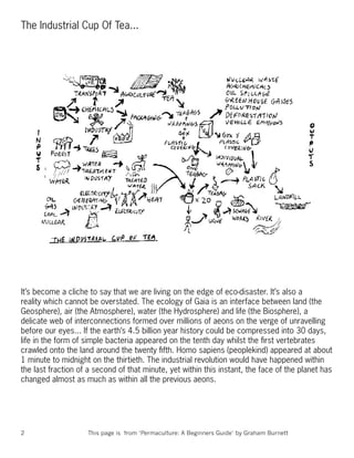 The Industrial Cup Of Tea...




It’s become a cliche to say that we are living on the edge of eco-disaster. It’s also a
reality which cannot be overstated. The ecology of Gaia is an interface between land (the
Geosphere), air (the Atmosphere), water (the Hydrosphere) and life (the Biosphere), a
delicate web of interconnections formed over millions of aeons on the verge of unravelling
before our eyes... If the earth’s 4.5 billion year history could be compressed into 30 days,
life in the form of simple bacteria appeared on the tenth day whilst the ﬁrst vertebrates
crawled onto the land around the twenty ﬁfth. Homo sapiens (peoplekind) appeared at about
1 minute to midnight on the thirtieth. The industrial revolution would have happened within
the last fraction of a second of that minute, yet within this instant, the face of the planet has
changed almost as much as within all the previous aeons.




2                   This page is from ‘Permaculture: A Beginners Guide’ by Graham Burnett
 