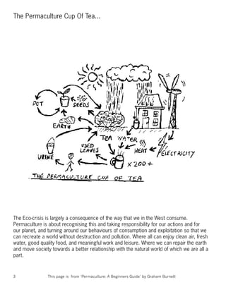 The Permaculture Cup Of Tea...




The Eco-crisis is largely a consequence of the way that we in the West consume.
Permaculture is about recognising this and taking responsibility for our actions and for
our planet, and turning around our behaviours of consumption and exploitation so that we
can recreate a world without destruction and pollution. Where all can enjoy clean air, fresh
water, good quality food, and meaningful work and leisure. Where we can repair the earth
and move society towards a better relationship with the natural world of which we are all a
part.



3               This page is from ‘Permaculture: A Beginners Guide’ by Graham Burnett
 