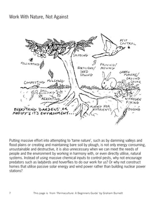 Work With Nature, Not Against




Putting massive effort into attempting to ‘tame nature’, such as by damming valleys and
ﬂood plains or creating and maintaining bare soil by plough, is not only energy consuming,
unsustainable and destructive, it is also unnecessary when we can meet the needs of
people and the environment by working in harmony with, or even directly utilise, natural
systems. Instead of using massive chemical inputs to control pests, why not encourage
predators such as ladybirds and hoverﬂies to do our work for us? Or why not construct
homes that utilise passive solar energy and wind power rather than building nuclear power
stations?




7              This page is from ‘Permaculture: A Beginners Guide’ by Graham Burnett
 