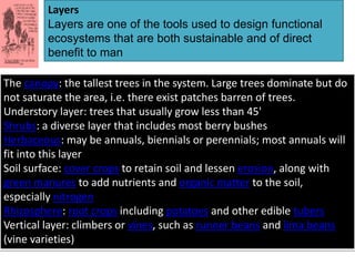 Layers
Layers are one of the tools used to design functional
ecosystems that are both sustainable and of direct
benefit to man
The canopy: the tallest trees in the system. Large trees dominate but do
not saturate the area, i.e. there exist patches barren of trees.
Understory layer: trees that usually grow less than 45'
Shrubs: a diverse layer that includes most berry bushes
Herbaceous: may be annuals, biennials or perennials; most annuals will
fit into this layer
Soil surface: cover crops to retain soil and lessen erosion, along with
green manures to add nutrients and organic matter to the soil,
especially nitrogen
Rhizosphere: root crops including potatoes and other edible tubers
Vertical layer: climbers or vines, such as runner beans and lima beans
(vine varieties)
 