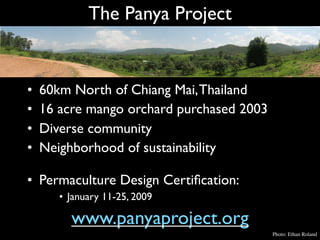 The Panya Project


•   60km North of Chiang Mai, Thailand
•   16 acre mango orchard purchased 2003
•   Diverse community
...