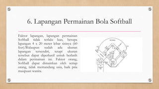 6. Lapangan Permainan Bola Softball
Faktor lapangan, lapangan permainan
Softball tidak terlalu luas, berupa
lapangan 4 x 20 meter lebar sisinya (60
feet).Walaupun sudah ada ukuran
lapangan tersendiri, tetapi ukuran
tersebut dapat diperkecil untuk berlatih
dalam permainan ini. Faktor orang,
Softball dapat dimainkan oleh setiap
orang, tidak memandang usia, baik pria
maupuan wanita.
 