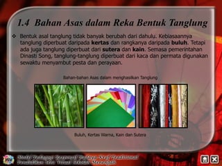 1.4 Bahan Asas dalam Reka Bentuk Tanglung 
v Bentuk asal tanglung tidak banyak berubah dari dahulu. Kebiasaannya 
tanglung diperbuat daripada kertas dan rangkanya daripada buluh. Tetapi 
ada juga tanglung diperbuat dari sutera dan kain. Semasa pemerintahan 
Dinasti Song, tanglung-tanglung diperbuat dari kaca dan permata digunakan 
sewaktu menyambut pesta dan perayaan. 
Bahan-bahan Asas dalam menghasilkan Tanglung 
Buluh, Kertas Warna, Kain dan Sutera 
 