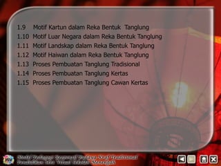 1.9 Motif Kartun dalam Reka Bentuk Tanglung 
1.10 Motif Luar Negara dalam Reka Bentuk Tanglung 
1.11 Motif Landskap dalam Reka Bentuk Tanglung 
1.12 Motif Haiwan dalam Reka Bentuk Tanglung 
1.13 Proses Pembuatan Tanglung Tradisional 
1.14 Proses Pembuatan Tanglung Kertas 
1.15 Proses Pembuatan Tanglung Cawan Kertas 
 