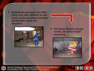 3. Berdasarkan garis-garis dari Pelan 
Induk yang telah dialihkan ke atas 
tanah, proses pemodelan kerangka 
dan kimpalan dawai besi 
dimulakan. 
4. Memasang Tanglung dengan 
mentol, dan kertas mudah 
tergantung. 
 