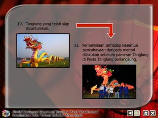 10. Tanglung yang telah siap 
dicantumkan. 
11. Pemeriksaan terhadap kesemua 
pencahayaan daripada mentol 
dilakukan sebelum pameran Tanglung 
di Pesta Tanglung berlangsung. 
 