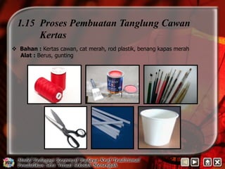 1.15 Proses Pembuatan Tanglung Cawan 
Kertas 
v Bahan : Kertas cawan, cat merah, rod plastik, benang kapas merah 
Alat : Berus, gunting 
 