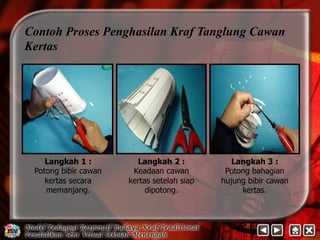 Contoh Proses Penghasilan Kraf Tanglung Cawan 
Kertas 
Langkah 1 : 
Potong bibir cawan 
kertas secara 
memanjang. 
Langkah 3 : 
Potong bahagian 
hujung bibir cawan 
kertas. 
Langkah 2 : 
Keadaan cawan 
kertas setelah siap 
dipotong. 
 