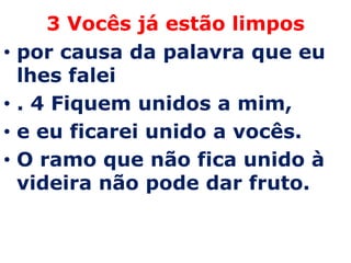 3 Vocês já estão limpos
•   por causa da palavra que eu
    lhes falei
•   . 4 Fiquem unidos a mim,
•   e eu ficarei unido a vocês.
•   O ramo que não fica unido à
    videira não pode dar fruto.
 