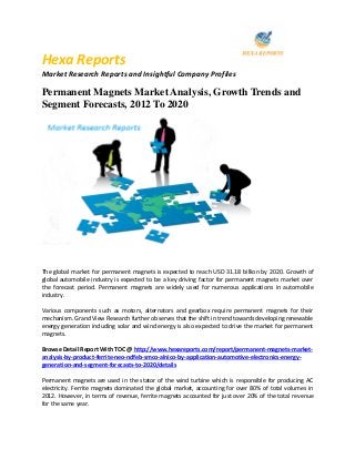 Hexa Reports
Market Research Reports and Insightful Company Profiles
Permanent Magnets Market Analysis, Growth Trends and
Segment Forecasts, 2012 To 2020
The global market for permanent magnets is expected to reach USD 31.18 billion by 2020. Growth of
global automobile industry is expected to be a key driving factor for permanent magnets market over
the forecast period. Permanent magnets are widely used for numerous applications in automobile
industry.
Various components such as motors, alternators and gearbox require permanent magnets for their
mechanism. Grand View Research further observes that the shift in trend towards developing renewable
energy generation including solar and wind energy is also expected to drive the market for permanent
magnets.
Browse Detail Report With TOC @ http://www.hexareports.com/report/permanent-magnets-market-
analysis-by-product-ferrite-neo-ndfeb-smco-alnico-by-application-automotive-electronics-energy-
generation-and-segment-forecasts-to-2020/details
Permanent magnets are used in the stator of the wind turbine which is responsible for producing AC
electricity. Ferrite magnets dominated the global market, accounting for over 80% of total volumes in
2012. However, in terms of revenue, ferrite magnets accounted for just over 20% of the total revenue
for the same year.
 