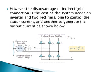  However the disadvantage of indirect grid
connection is the cost as the system needs an
inverter and two rectifiers, one to control the
stator current, and another to generate the
output current as shown below.
 