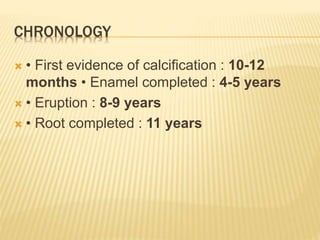CHRONOLOGY
 • First evidence of calcification : 10-12
months • Enamel completed : 4-5 years
 • Eruption : 8-9 years
 • Root completed : 11 years
 
