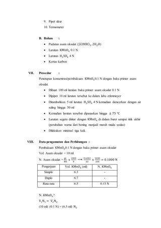 9. Pipet ukur
10. Termometer
B. Bahan :
 Padatan asam oksalat ((COOH)2. 2H2O)
 Larutan KMnO4 0.1 N
 Larutan H2SO4 4 N
 Kertas karbon
VII. Prosedur :
Penetapan konsentrasi/pembakuan KMnO40.1 N dengan baku primer asam
oksalat.
 Dibuat 100 ml larutan baku primer asam oksalat 0.1 N
 Dipipet 10 ml larutan tersebut ke dalam labu erlenmeyer
 Ditambahkan 5 ml larutan H2SO4 4 N kemudian diencerkan dengan air
suling hingga 50 ml
 Kemudian larutan tersebut dipanaskan hingga ± 75 ℃
 Larutan segera dititar dengan KMnO4 di dalam buret sampai titik akhir
(perubahan warna dari bening menjadi merah muda seulas)
 Dilakukan minimal tiga kali.
VIII. Data pengamatan dan Perhitungan :
Pembakuan KMnO40.1 N dengan baku primer asam oksalat
Vol. Asam oksalat = 10 ml
N. Asam oksalat =
gr
BE
x
1000
V
0.6302
63
x
1000
100
= 0.1000 N
Pengerjaan Vol. KMnO4 (ml) N. KMnO4
Simplo 6.3 -
Duplo 6.7 -
Rata-rata 6.5 0.15 N
N. KMnO4?
V1N1 = V2N2
(10 ml) (0.1 N) = (6.5 ml) N2
 