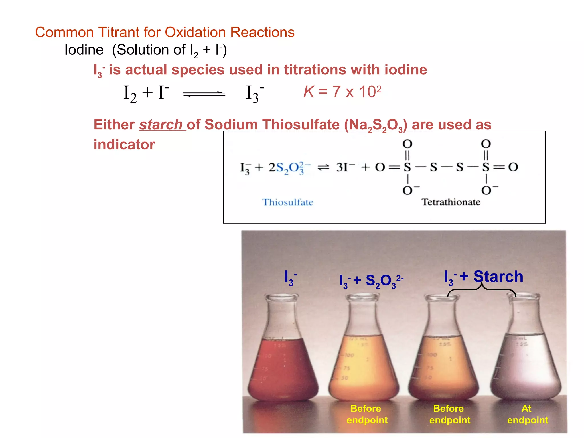 Common Titrant for Oxidation Reactions
Iodine (Solution of I2 + I-)
I3- is actual species used in titrations with iodine

K = 7 x 102
Either starch of Sodium Thiosulfate (Na2S2O3) are used as
indicator

I3-

I3- + S2O32-

Before
endpoint

I3- + Starch

Before
endpoint

At
endpoint

 